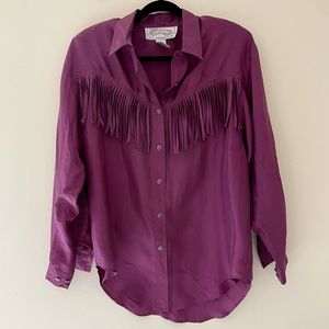 Vintage Nuggets Silk Fringe Rodeo Western Shirt Button Down Small Wine Purple